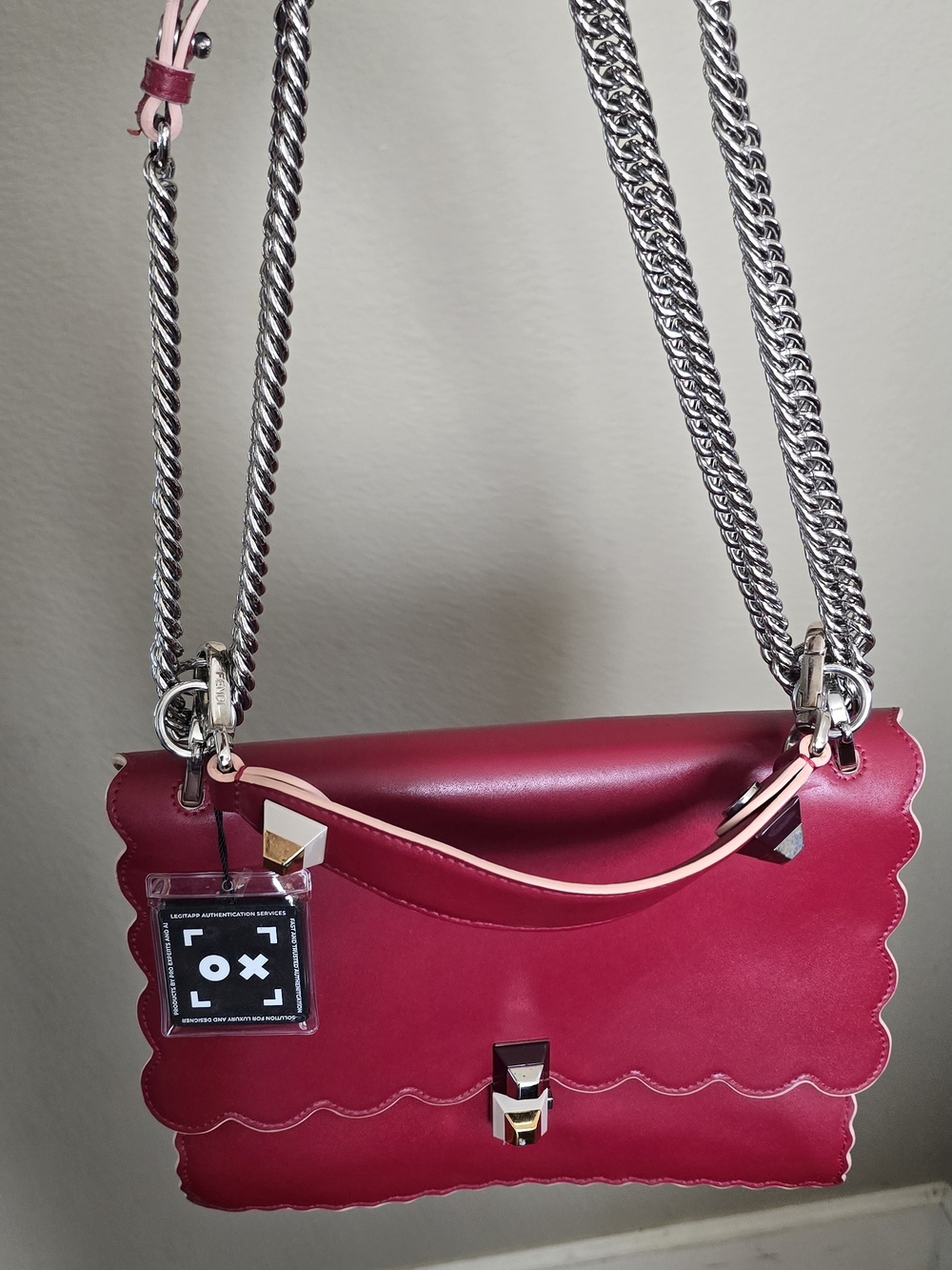 Fendi Kan Red Scalloped Leather Shoulder Bag with Silver Chain